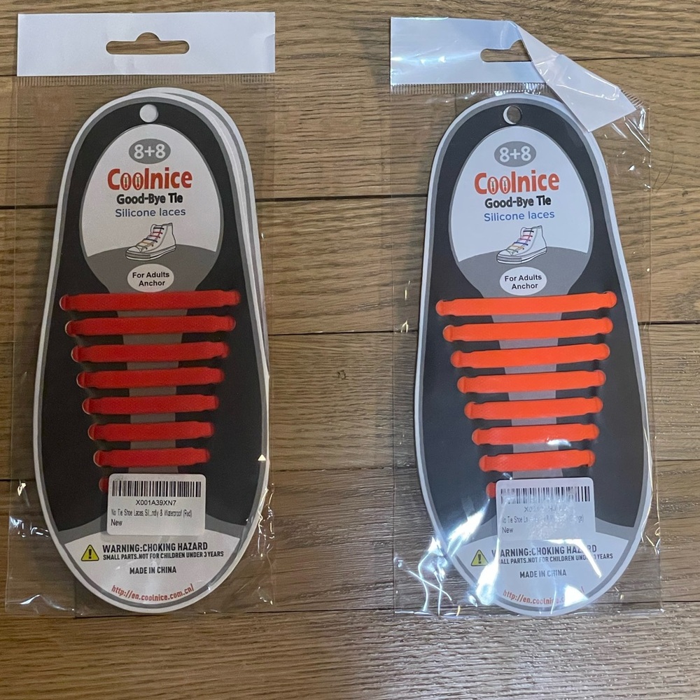Set of 2 pairs COOLNICE Silicone No Tie Shoelaces for Adults / Red and Orange